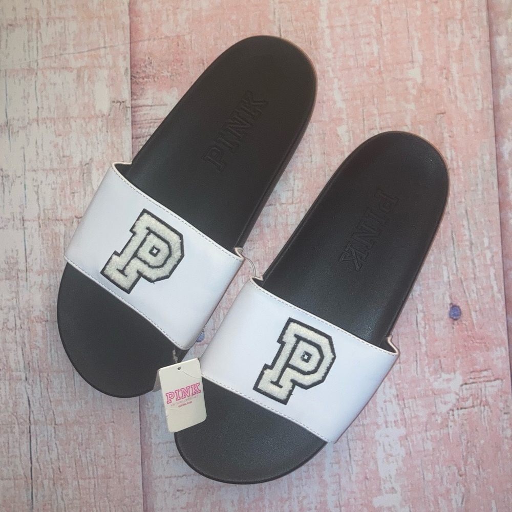 VS PINK- Slides, Sz: Lrg, Blk sole w/ Wht Strap & Blk&Wht Fabric Logo 'P', NWT